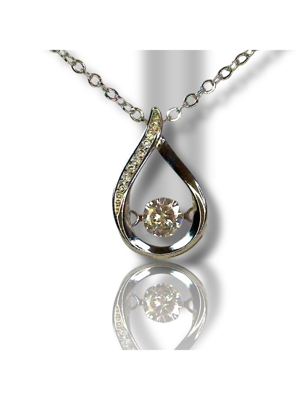 Sterling Silver Pendant Necklace With Teardrop Design & Dancing Moissanite Stone